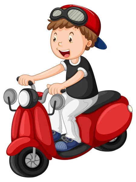 卡通男孩骑摩托车的白色背景说明 — 图库矢量图片