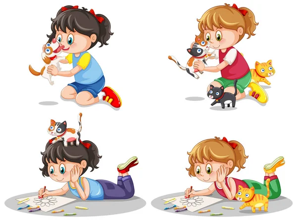 Conjunto Crianças Brincando Com Seus Cães Ilustração —  Vetores de Stock