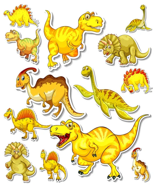 Nálepka Sada Různých Dinosaurů Kreslené Ilustrace — Stockový vektor