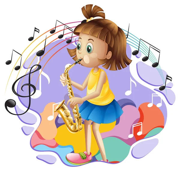 Girl Playing Saxophone Music Melody Symbols Illustration — Vector de stock