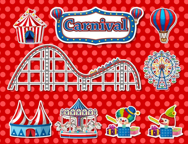 Sticker Set Amusement Park Objects Cartoon Characters Illustration — Vector de stock