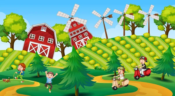 Happy Kids Farm Landscape Illustration — стоковый вектор