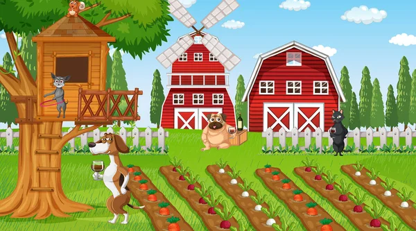 Bauernhofszene Freien Mit Zeichentrickhunden — Stockvektor