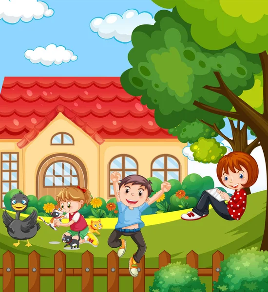 Birçok çocuk resimli ev sahnesi