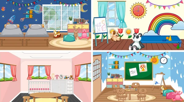 Set Different Kindergarten Classroom Scenes Illustration — Stockový vektor
