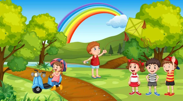 Jelenet Sok Gyermek Játszik Parkban Illusztráció — Stock Vector