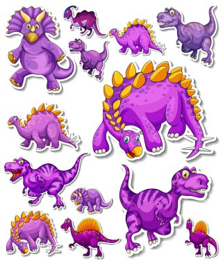 Farklı dinozor karikatür çizimlerinin çıkartmaları.