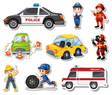 Sticker set of professions characters and objects illustration