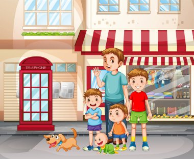 Erkek grubu elbise mağazasının önünde duruyor.