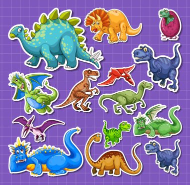 Sticker set of different dinosaur cartoon characters illustration