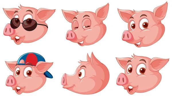 Ensemble Différentes Têtes Cochon Dessin Animé Illustration — Image vectorielle