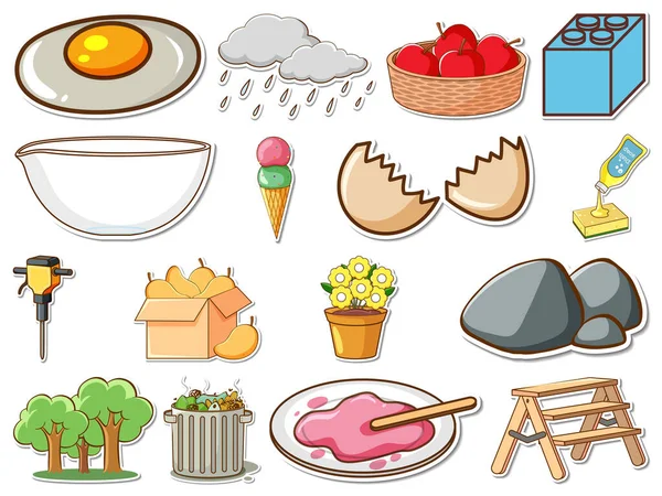 Sticker Set Mixed Daily Objects Illustration — Archivo Imágenes Vectoriales