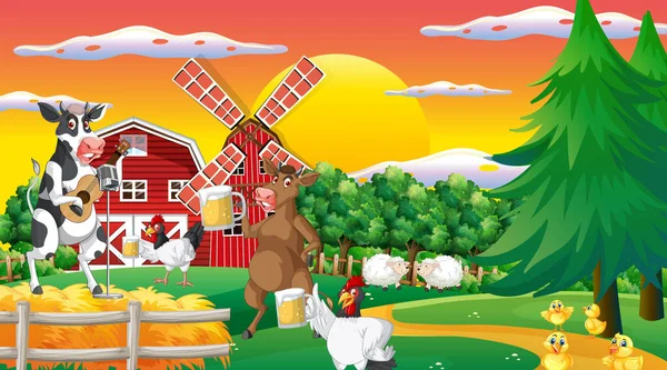 Outdoor Kuhfarm Szene Mit Glücklichen Tieren Cartoon Illustration — Stockvektor