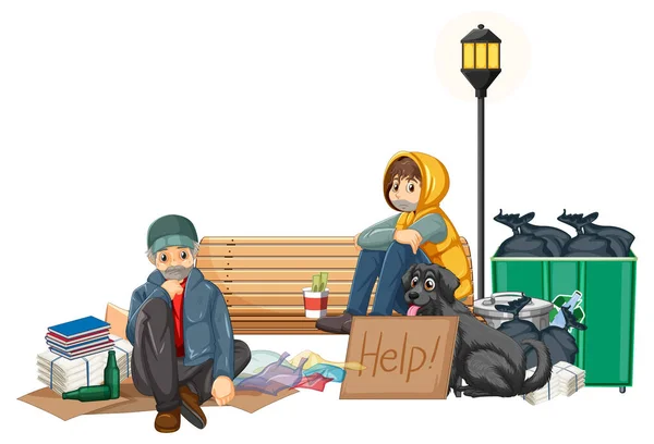 Homeless People Garbage Illustration — стоковый вектор