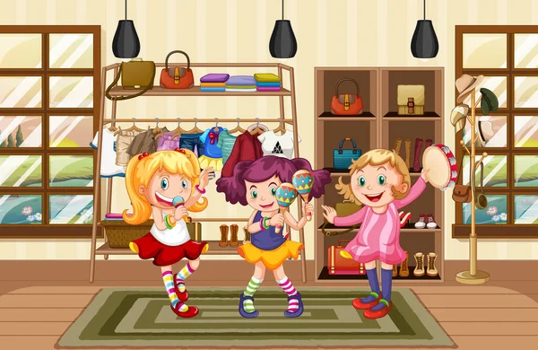 三个女孩在服装店跳舞 — 图库矢量图片
