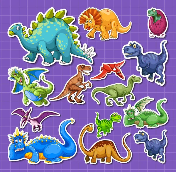 Adesivo Set Diversi Personaggi Dei Cartoni Animati Dinosauro Illustrazione — Vettoriale Stock