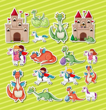 Fantezi peri masalı çizgi film karakterlerinin çizimleri.