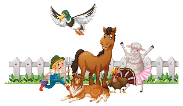 Many Farm Animals Farmer Illustration —  Vetores de Stock