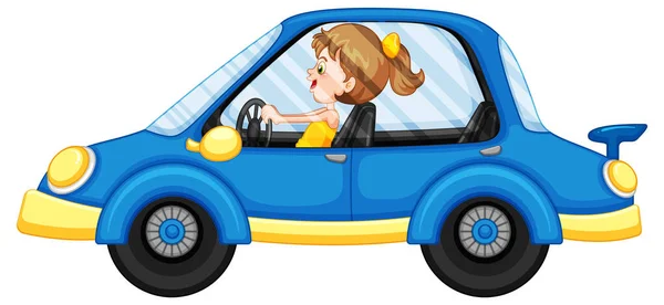 Cartoon Meisje Rijden Blauwe Auto Illustratie — Stockvector