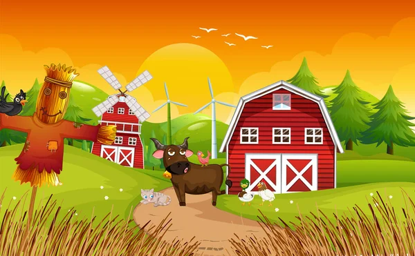Animals Farm Landscape Illustration — ストックベクタ