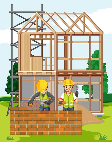 Hus Byggarbetsplats Med Arbetare Illustration — Stock vektor