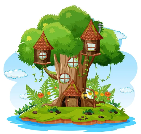 Fantasy Casa Sull Albero Foresta Illustrazione — Vettoriale Stock