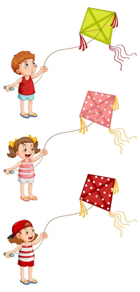 Set Different Kids Playing Kites Illustration — Stock Vector