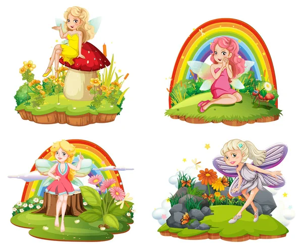 Güzel perilerin resimleriyle izole edilmiş fantastik ormanlar.