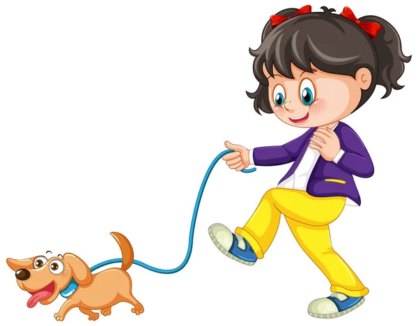 犬のキャラクターイラストを歩く女の子 — ストックベクタ