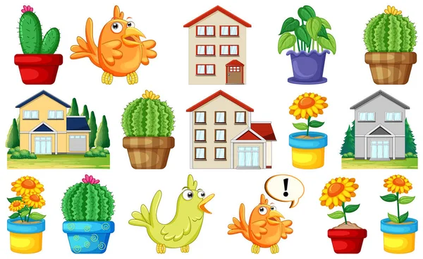 Different House Designs Cute Birds Illustration — Vector de stock