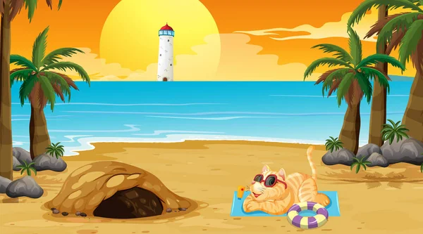 Set Different Domestic Animals Beach Scene Illustration — Stock Vector