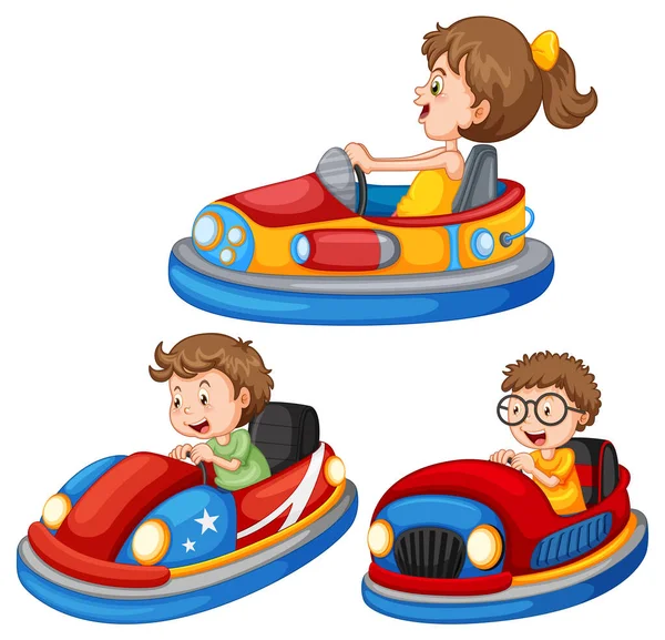 Set Different Kids Driving Bumper Cars Cartoon Style Illustration — Stock Vector