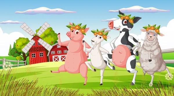 Fundo Fazenda Com Animais Felizes Ilustração —  Vetores de Stock