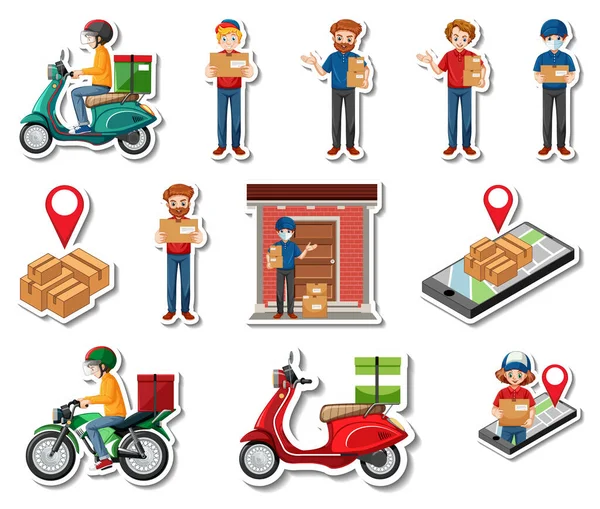 Sticker Set Delivery Objects Cartoon Characters Illustration — Image vectorielle
