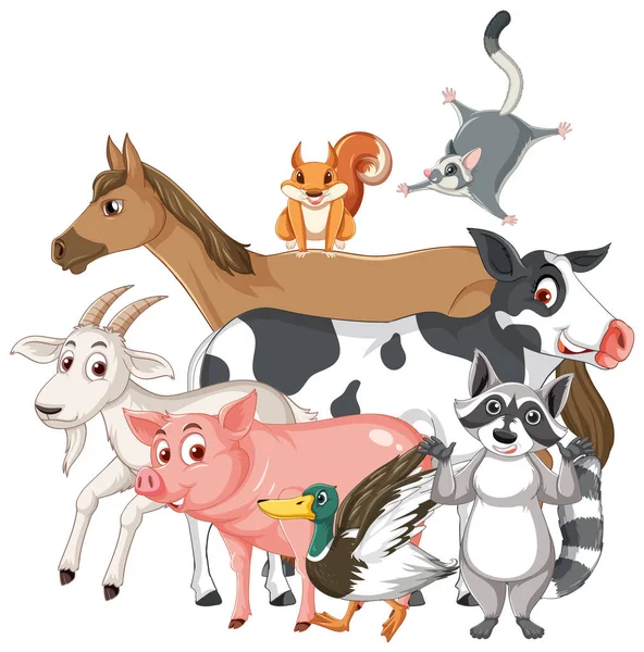 Muitos Animais Fazenda Fundo Branco Ilustração — Vetor de Stock