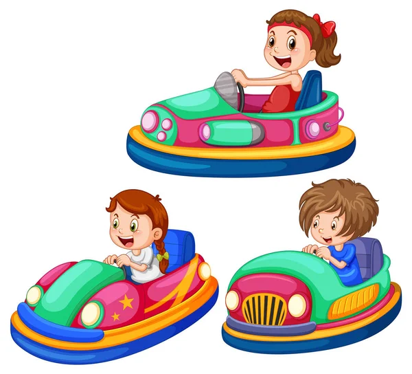 Set Different Kids Driving Bumper Cars Cartoon Style Illustration — ストックベクタ