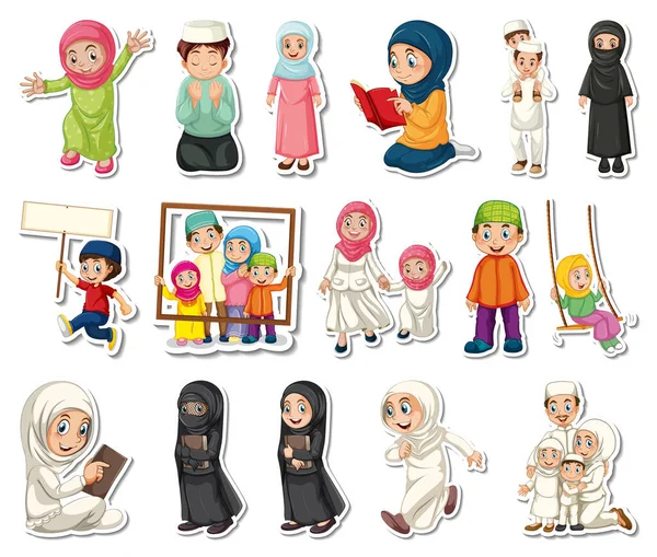 Set Stiker Islam Simbol Agama Dan Kartun Karakter Ilustrasi - Stok Vektor