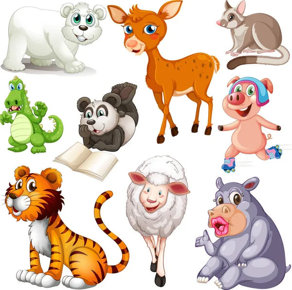 Leuke Dieren Cartoon Set Witte Achtergrond Illustratie — Stockvector