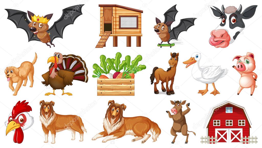 Many farm animals and barn illustration