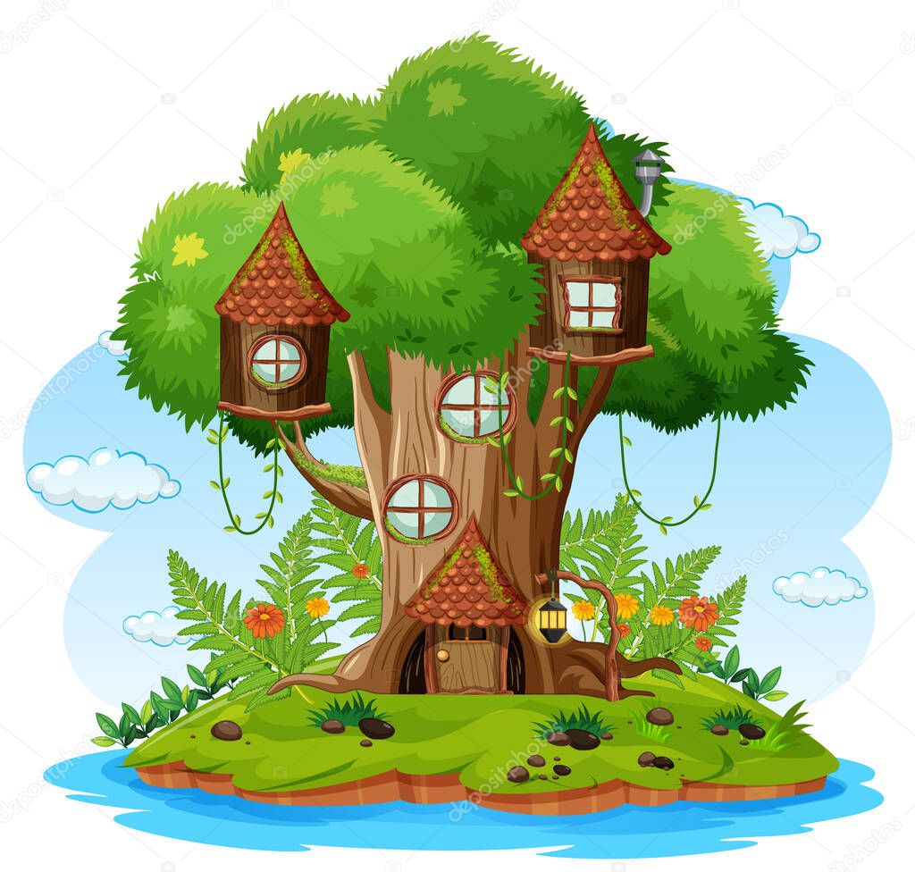 Fantasy tree house in forest illustration