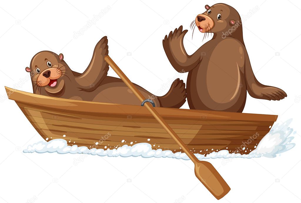 Sea lions on wooden boat in cartoon style illustration