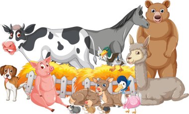 Çit illüstrasyonunda farklı çiftlik hayvanları var.