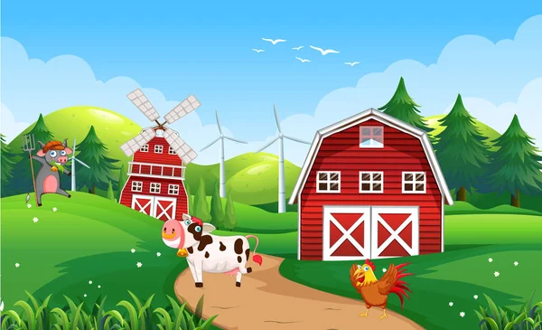 Bauernhofszene Mit Tieren Auf Dem Feld Illustration — Stockvektor
