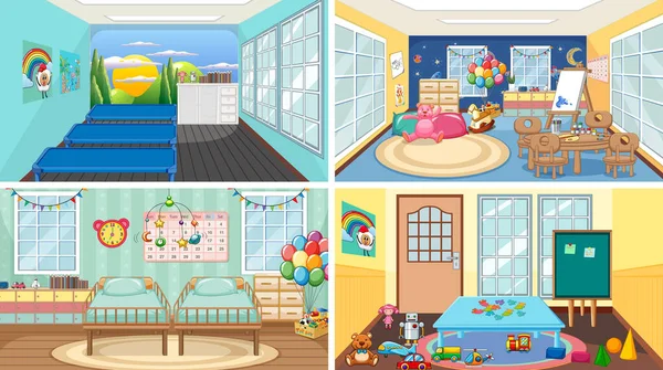 Set Different Kindergarten Classroom Scenes Illustration — Archivo Imágenes Vectoriales