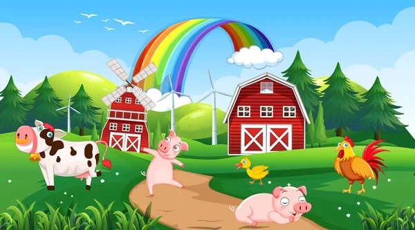 Granja Escena Con Animales Felices Ilustración — Vector de stock