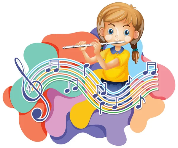 一个小女孩吹奏长笛 在白色背景图上有乐谱 — 图库矢量图片