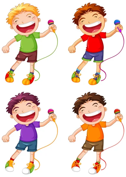 Szczęśliwy Chłopiec Śpiewa Mikrofonem Ilustracji — Wektor stockowy