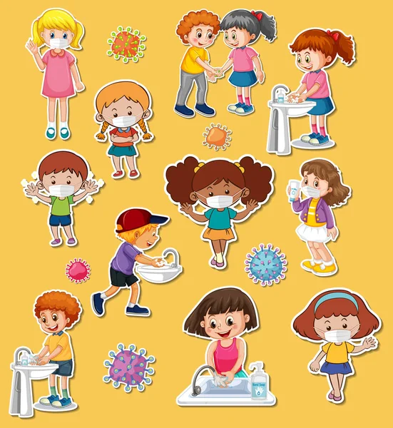 Sticker Set Van Covid19 Cartoon Karakter Illustratie — Stockvector