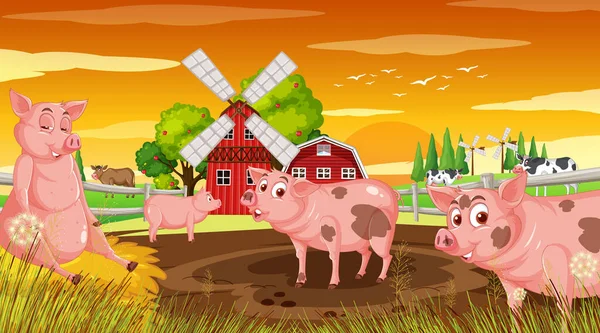 Fondo Granja Con Ilustración Animales Felices — Vector de stock