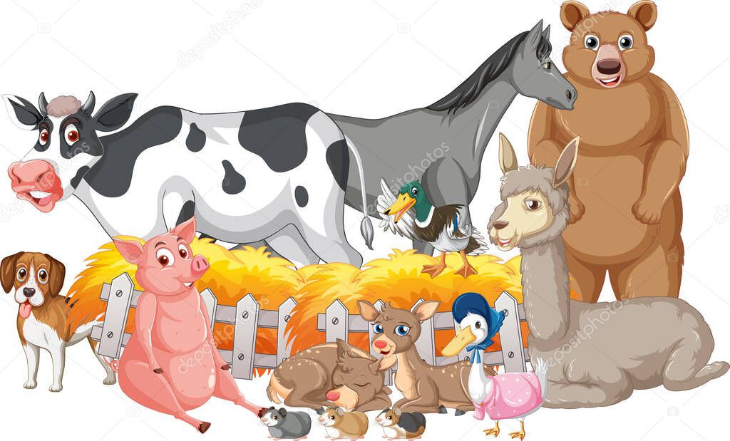 Different types of farm animals by the fence illustration